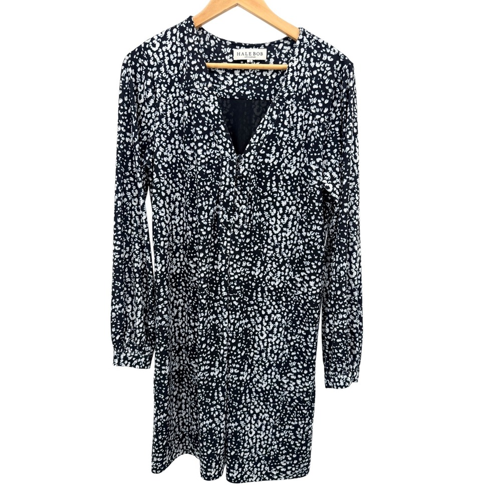 Hale Bob Los Angeles Black White Abstract Print V-Neck Shift Dress M Office Chic